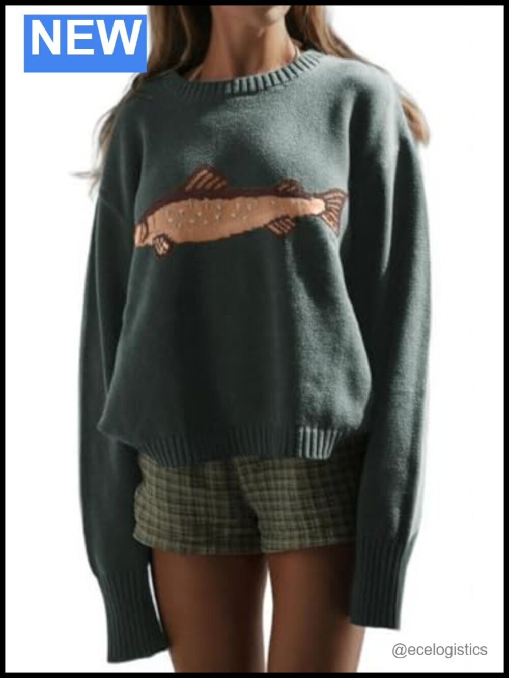 Oversized Crew Neck Rib Knit Pullover Sweater with Carp Graphic